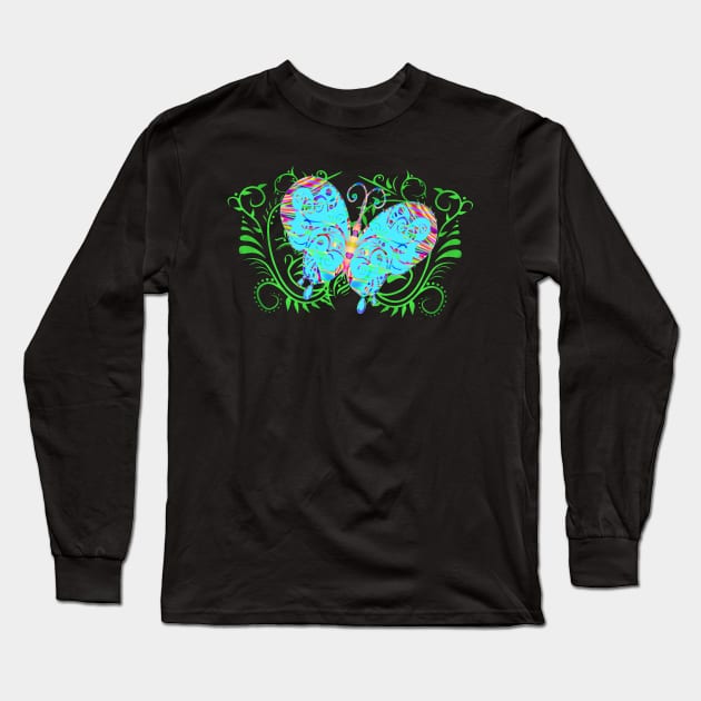 Decorative Aquamarine Butterfly Silhouette Art Long Sleeve T-Shirt by Mazz M